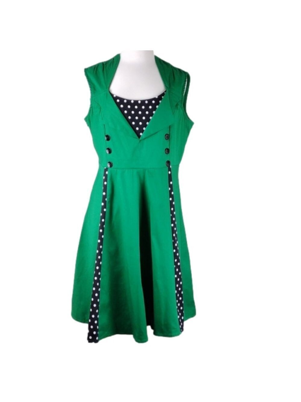 Xin YI Green Navy Polka Dot Sleeveless Square Neck A-line Midi Dress